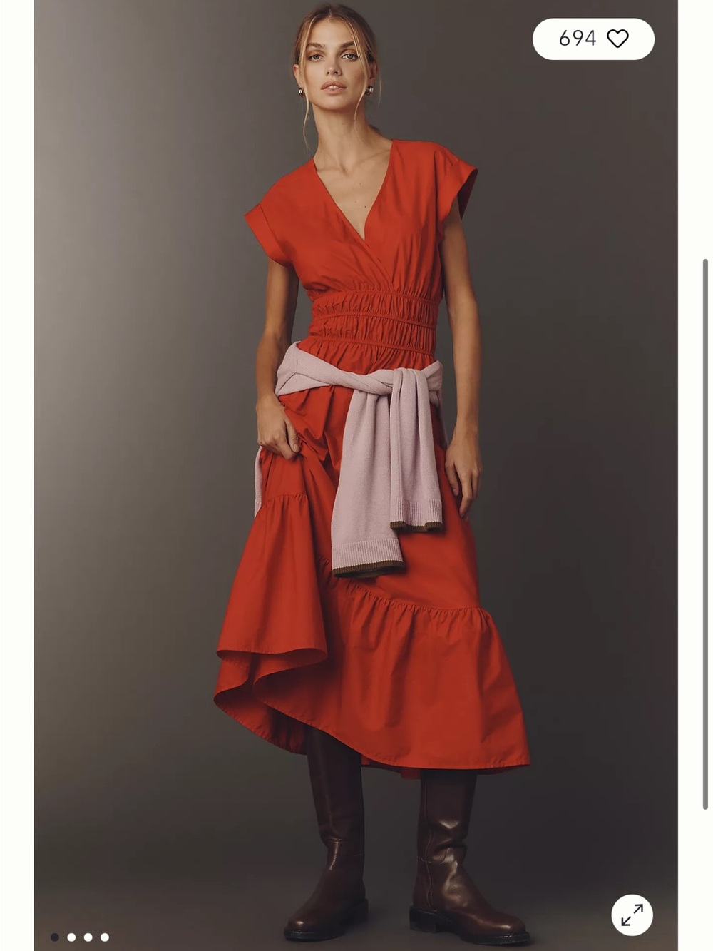 NWT Anthropologie Maeve Cap-Sleeve V-neck Smocked Midi Dress red cotton